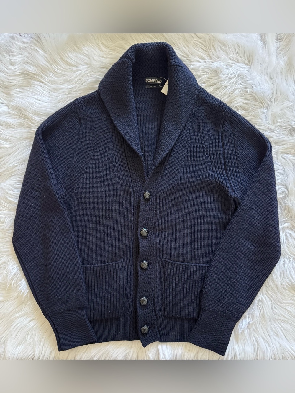 Tom Ford McQueen Shawl Collar Cardigan Bomber Sweater Navy Blue 46